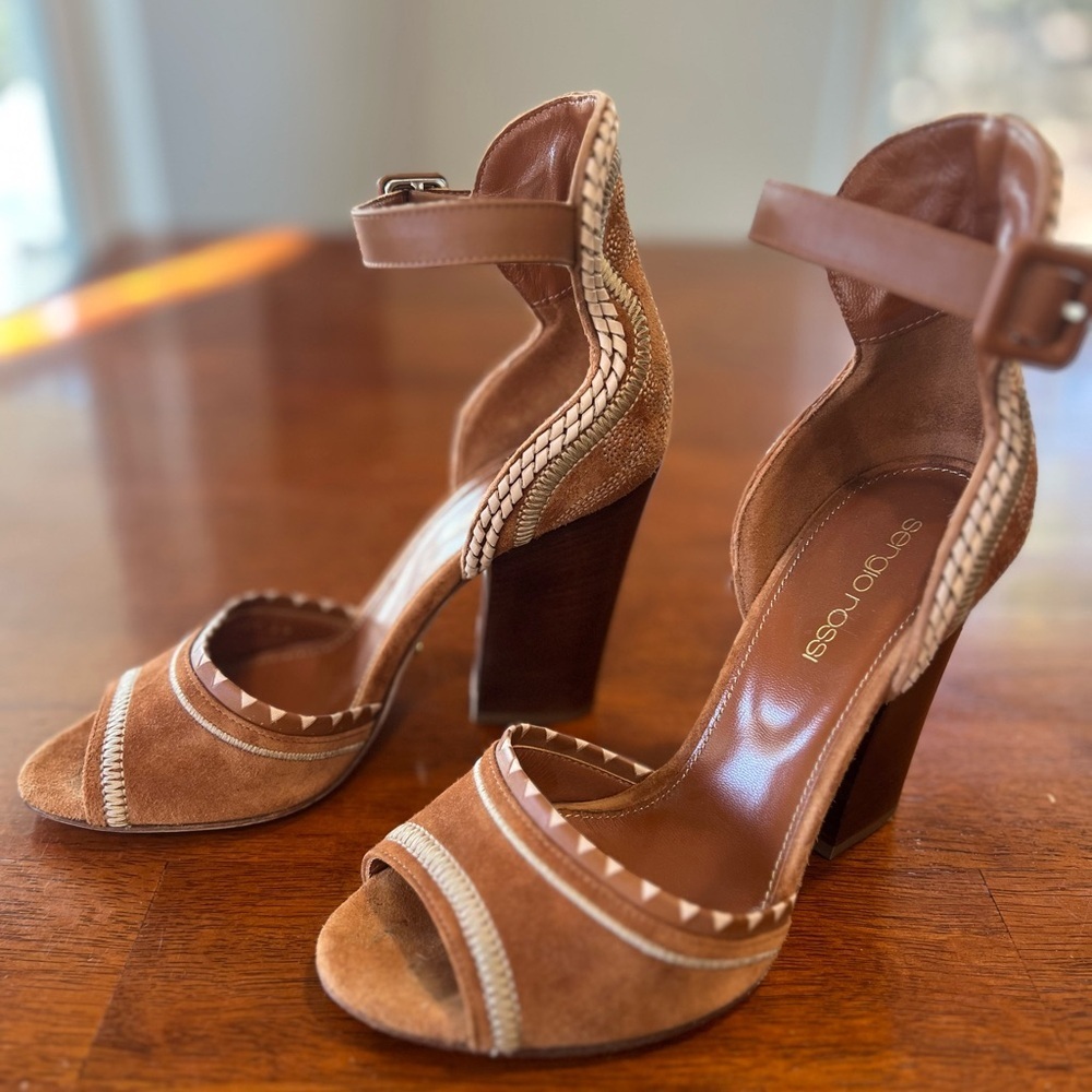 Sergio Rossi‎ Suede Ankle Strap 4" Heels Block Heel Sandals Brown Size 6